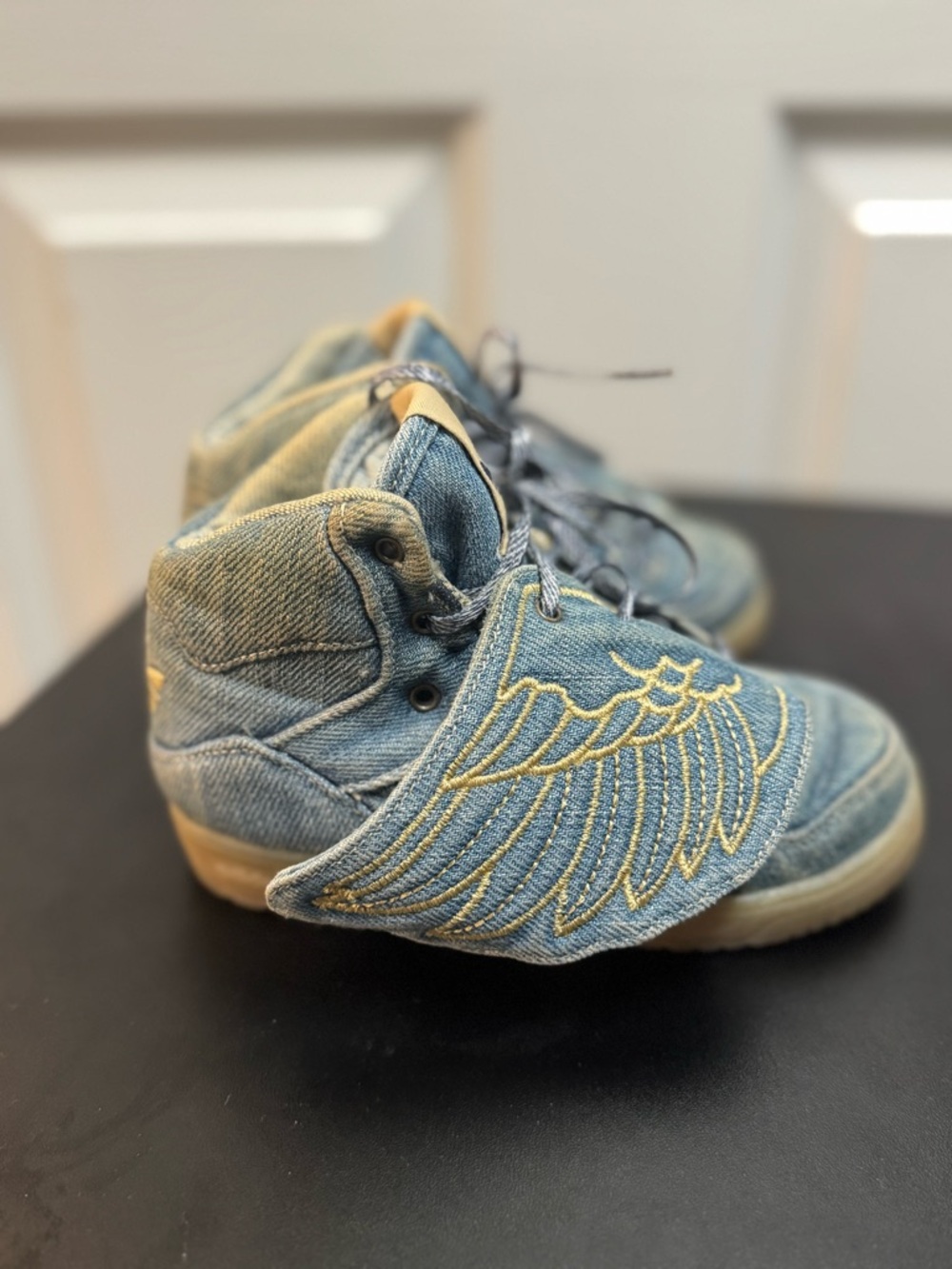 Jeremy Scott x Adidas Kids Denim High-Top Sneakers with Gold Wing Embroidery - Picture 6 of 12